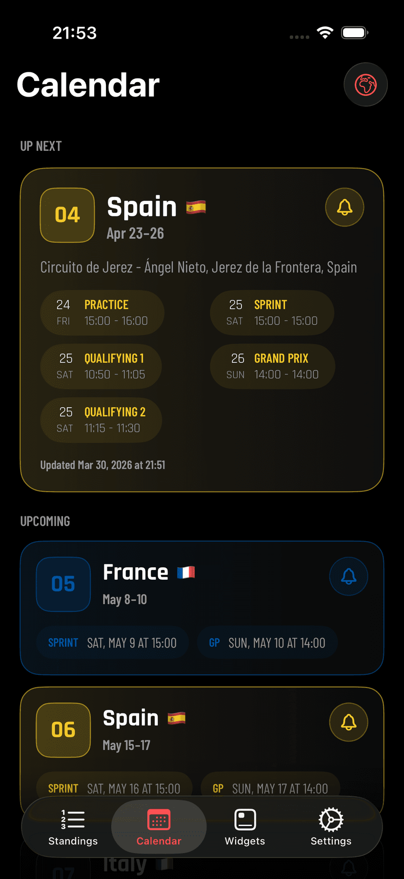 Grid Time Calendar screen showing upcoming races inside the app.