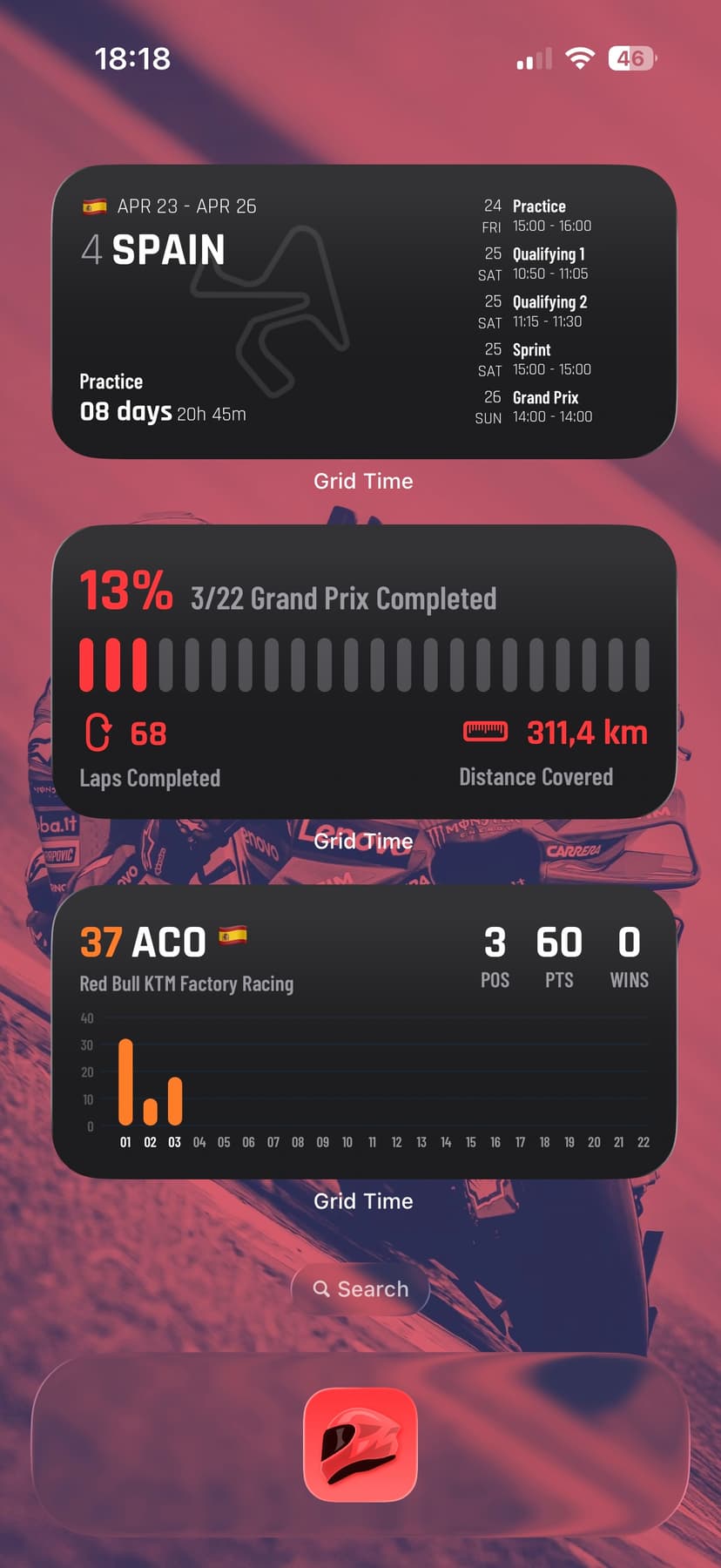 Grid Time iPhone home screen showing MotoGP widgets and app icon.